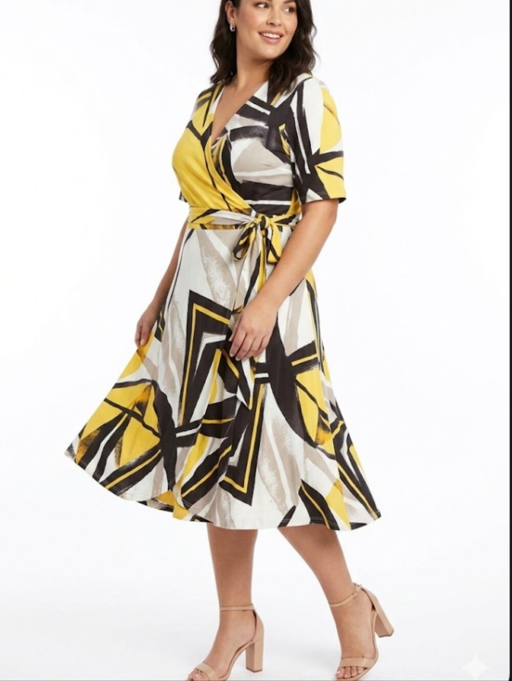 eShakti True Wrap Midi Jersey Dress Short Sleeve Abstract Print Pockets 2X /20X